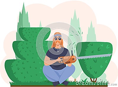 Man holding power saw and sitting in yoga pose on grass. Person cuts bushes, hedge in garden Vector Illustration