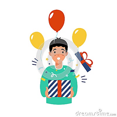 Man holding present box with open mouth, received a gift for the new year Vector Illustration