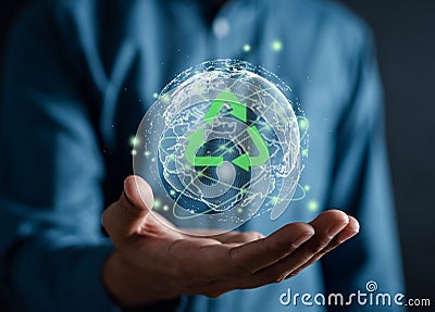 Man holding recycle symbol icon eco and save the earth, good atmosphere, save the planet and energy concept Stock Photo