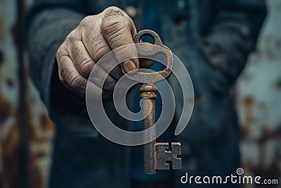 Man Holding Rusty Key to Success After Solving Problem Stock Photo