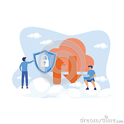 Man holding security shield and developer using laptop. Vector Illustration