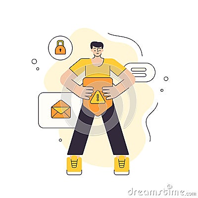 Man holding shield with exclamation point cybersecurity personal data protection vector flat Vector Illustration