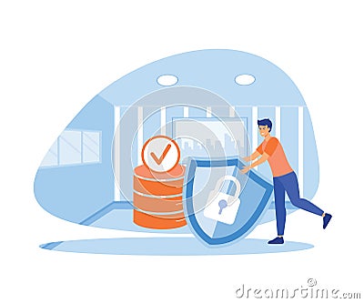 Man holding shield and server or hard disks. Concept of secured database. Vector Illustration