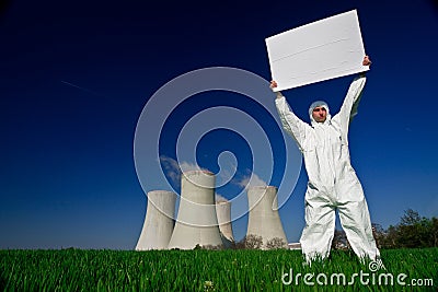 Man holding sign nuclear power Stock Photo