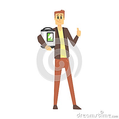 Man Holding Slow Rice Cooker, Department Store Shopping For Domestic Equipment And Electronic Objects For Home Vector Illustration