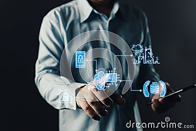 man holding smart AI chatbot and command prompt.Big data storage.Digital Artificial Intelligence technology disruption concept.We Stock Photo