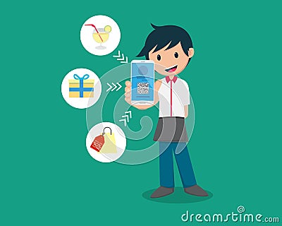 Man Holding Smart Phone And Share QR Code Vector Illustration