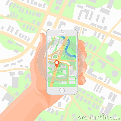 Man holding smartphone in hand with mobile gps navigation map Vector illustration. Vector Illustration