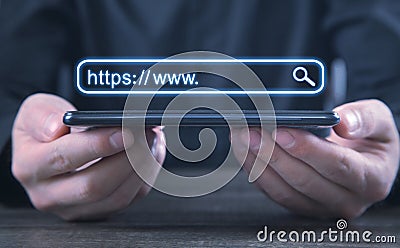 Man holding smartphone. Https address. Internet search concept Stock Photo