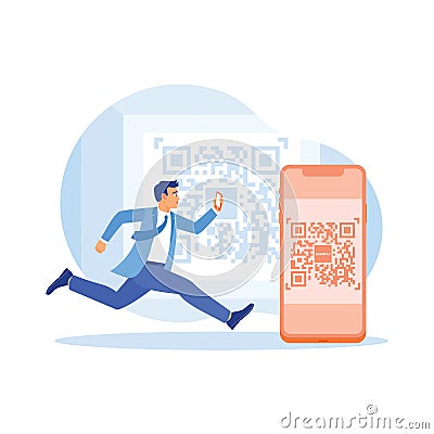 Man holding smartphone with QR code scanner technology on screen. Scan QR code is used for online payment. Vector Illustration