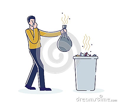 Man holding smelly bag of waste. Male throwing stinky garbage in trash bin Vector Illustration