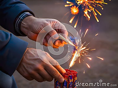 A Man Holding a Sparkler Stock Photo