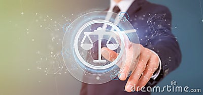 Man holding a Technology justice icon on a circle 3d rendering Stock Photo