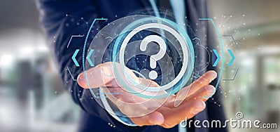 Man holding a Technology question mark icon on a circle 3d rendering Stock Photo