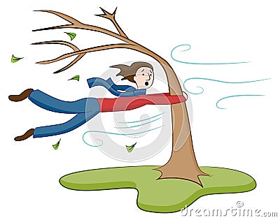 Man Holding On To Tree on Windy Day Vector Illustration