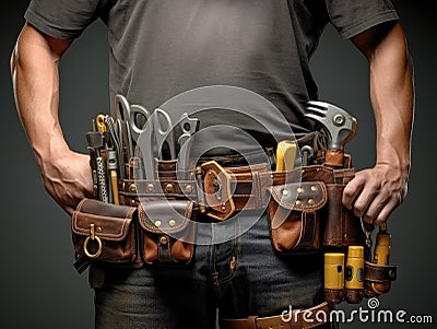 Man holding a tool belt with many tools on it Stock Photo