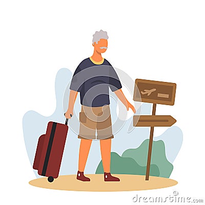 Man holding trolley bag and going to airport. Time for discover new places Vector Illustration