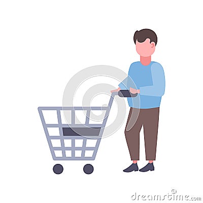 Man holding trolley cart buying products big shopping concept supermarket customer male cartoon character full length Vector Illustration