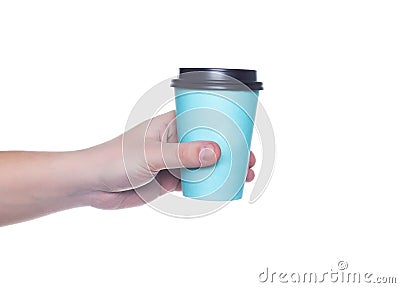 Man holding a turquoise coffee cup on a white background, isolate. Close-up, coffee to go Stock Photo