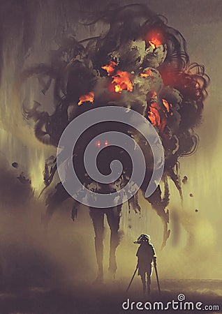 Man holding twin swords standing with giant smoke monster Cartoon Illustration