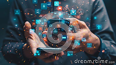 Man Holding Two Smartphones with Multiple Floating Icons, Generative AI Stock Photo
