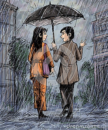 Man holding an umbrella with his spouse walking in the rain Stock Photo