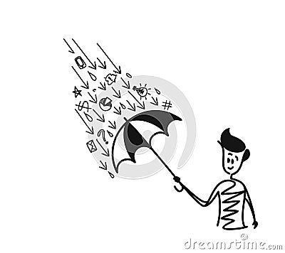 Man holding umbrella under the rain drop with doodle Cartoon Vector Illustration