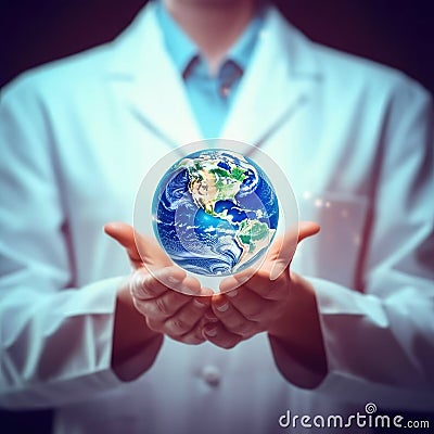 Man is holding up small globe in his hands. The man wears white coat and appears to be doctor or scientist. He is Stock Photo