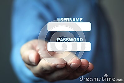 Man holding Username and Password panels. Stock Photo