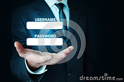 Man holding Username and Password panels. Stock Photo