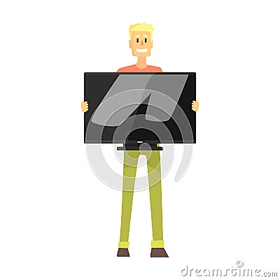 Man Holding Wide TV Screen, Department Store Shopping For Domestic Equipment And Electronic Objects For Home Vector Illustration