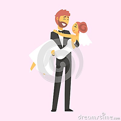 Man holding woman in his arms at wedding day. Romantic couple colorful cartoon character Vector Illustration