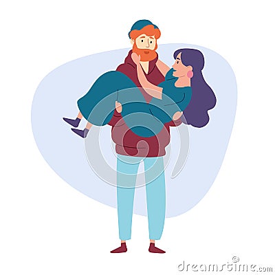 Man holding woman in his hands Boyfriend carrying girl. Vector Illustration