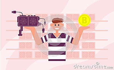 Man holds a bitcoin in one hand and a video card in the other. Color vector flat cartoon illustration Vector Illustration