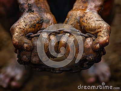 Man holds chains during Mud Day celebrations held annually in China where people play sports and entertain themselves Stock Photo