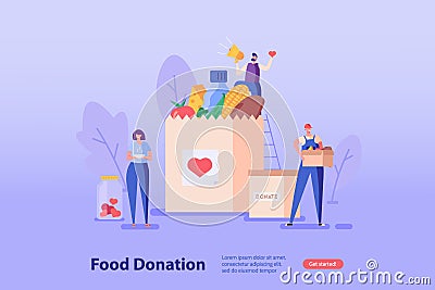 Man holds a food box in hands, woman holding a plate. Concept of help, social care, volunteering, support for poor people, food Vector Illustration