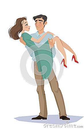 Man holds girl in his arms. Lovers. Valentine`s Day. Cartoon style. Boy and . Date Vector Illustration