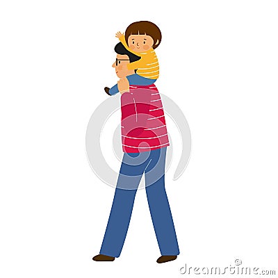 A man holds a girl on his shoulders. Father and daughter walk together. The child sits on his father`s shoulders and waving. Vector Illustration