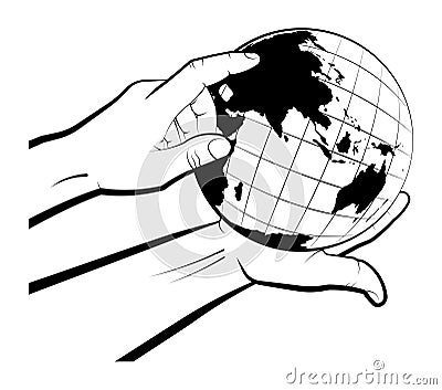 Man holds a globe in his palm and points a route point with his finger. Choosing a destination for travel. Global view of the Vector Illustration
