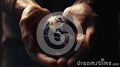 Man holds globe, symbolizing commitment to protect planet for future generations. Stock Photo