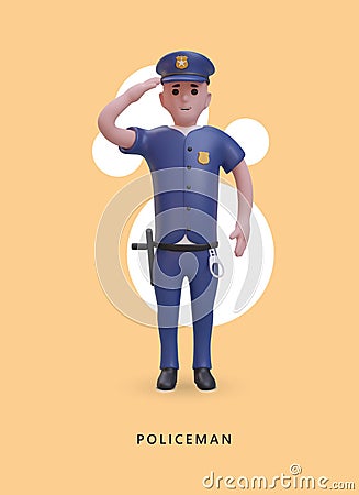 Man holds hand near head and salutes. Professional policeman in blue uniform ready to work Vector Illustration