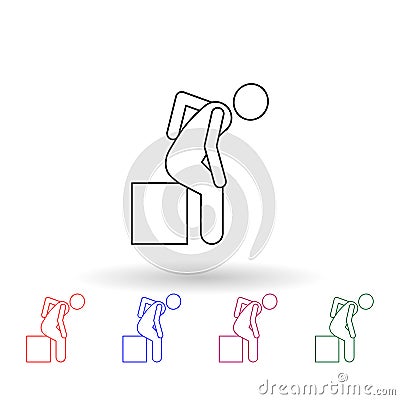 Man holds his back and sits on a box multi color icon. Simple thin line, outline vector of carrying and picking a box icons for ui Stock Photo