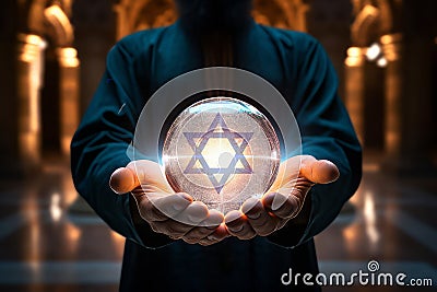 A man holds in his hands a glowing crystal ball with an Israeli flag. Stock Photo