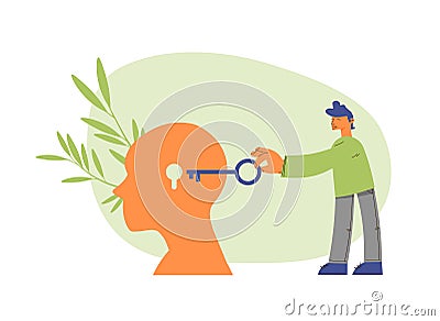 Man holds key and human head with a keyhole. Vector Illustration