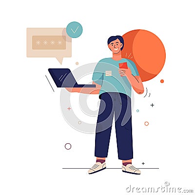 Man holds laptop and enters his verification code Vector Illustration