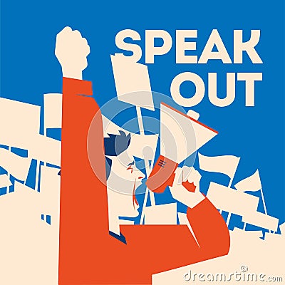 Man holds a loudspeaker in hand. Demonstration with banners flat llustration. Vector Illustration