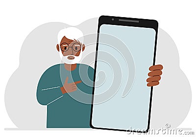 A man holds a mock-up of a large smartphone with a blank screen and with his second hand points to the screen of the Vector Illustration