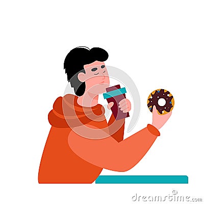 Man holds a mug of coffee and donut, flat vector illustration isolated. Vector Illustration