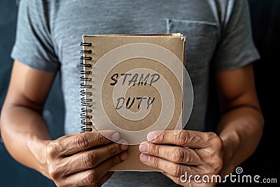 A man holds a notebook with the words Stamp duty. Taxes assessed during the transfer of real estate between two parties. Buying Stock Photo