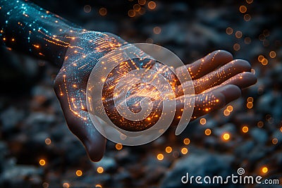Man Holds Open Hand With Digital Lines and Glowing Particles. Generative AI Stock Photo